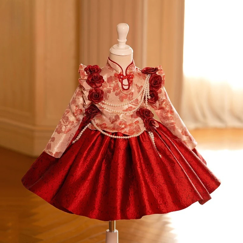 2026 Girls Chinese New Year Party Dress Children Tang Suit Princess Gown for Kids Performance Formal Vestido Birthday Host Piano