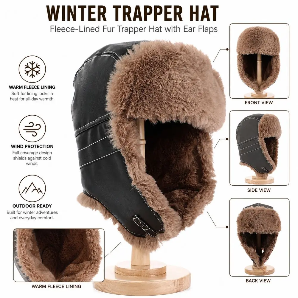 New Faux Fur Lining Trapper Hat Warm Waterproof Earflap Hat Fastening Chin Strap Bomber Hat Winter Outdoor Wear