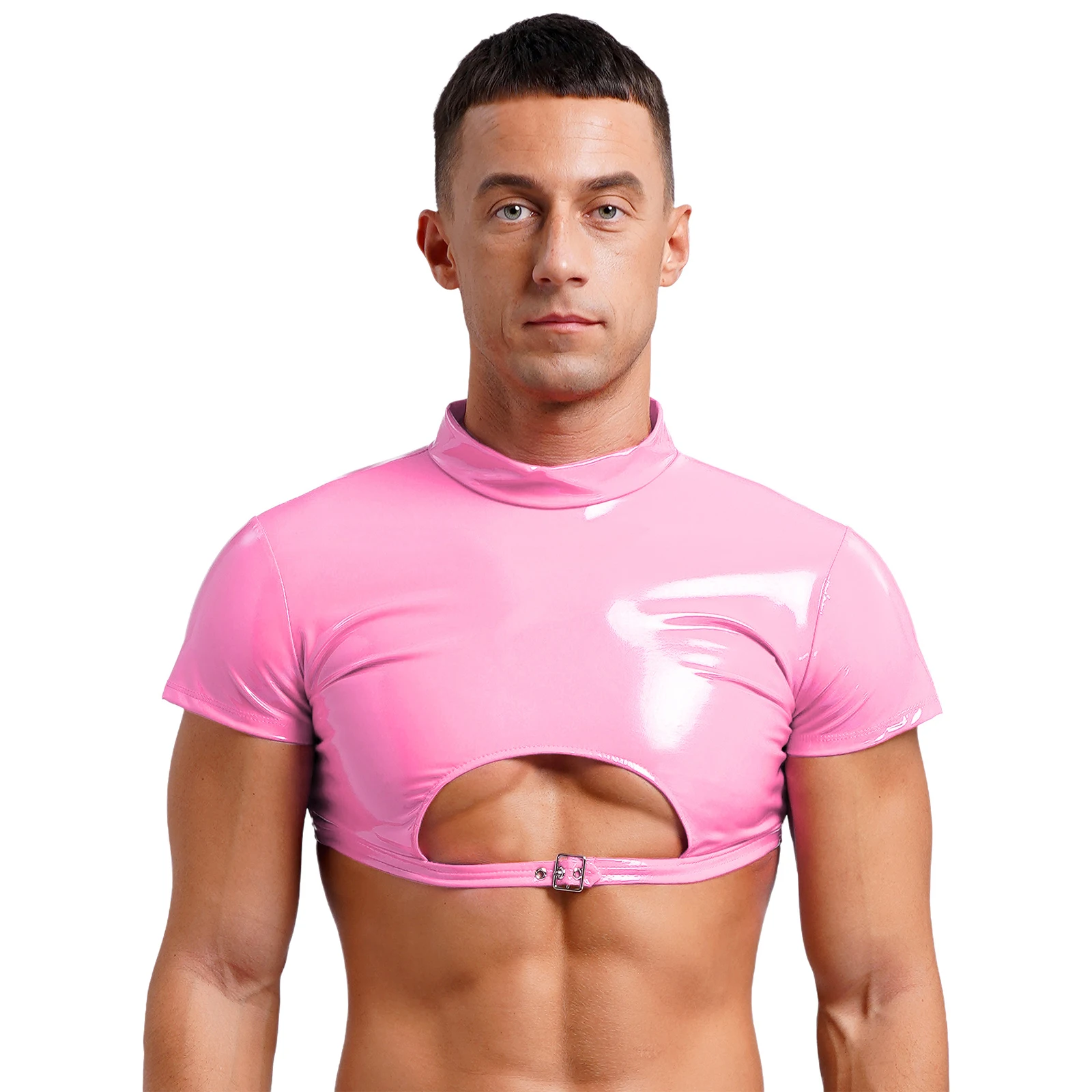 Men Turtleneck Patent Leather Crop Top Clubwear Party Wet Look Short Sleeve Cutout Buckle Back Zipper Tank Top for Bar Nightclub