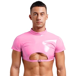 Men Turtleneck Patent Leather Crop Top Clubwear Party Wet Look Short Sleeve Cutout Buckle Back Zipper Tank Top for Bar Nightclub