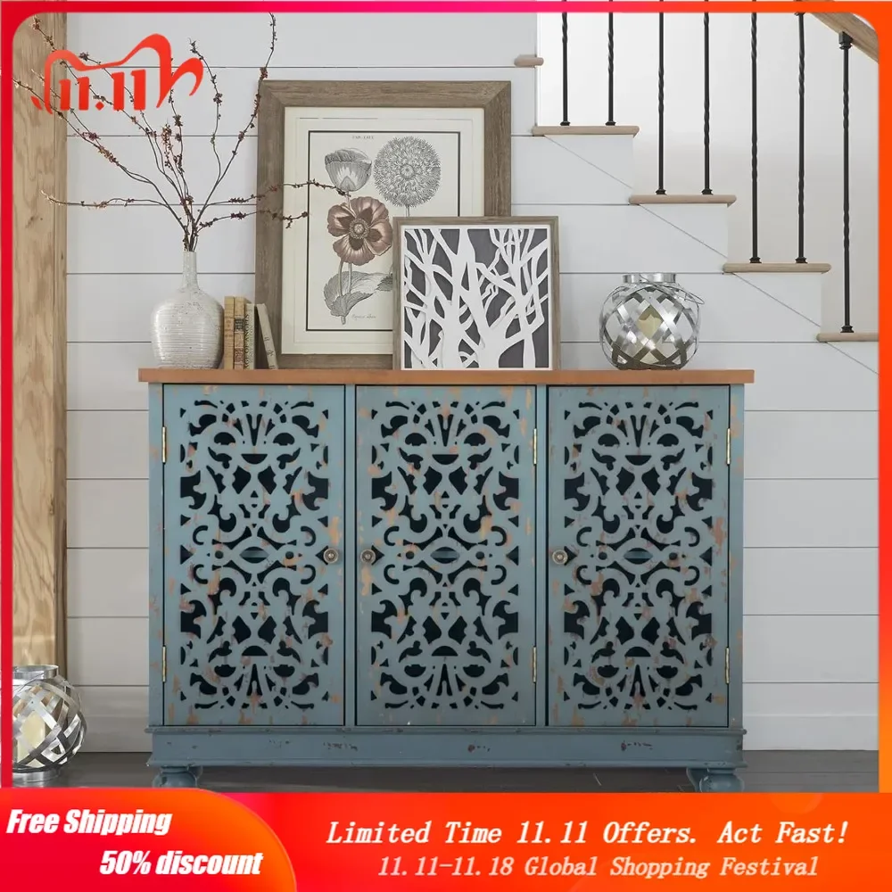 

Sideboard and Buffet with Storage, 3-Door Hollow-Carved Accent Cabinet, Distressed Wood Storage Cabinet Cupboard for Kitchen