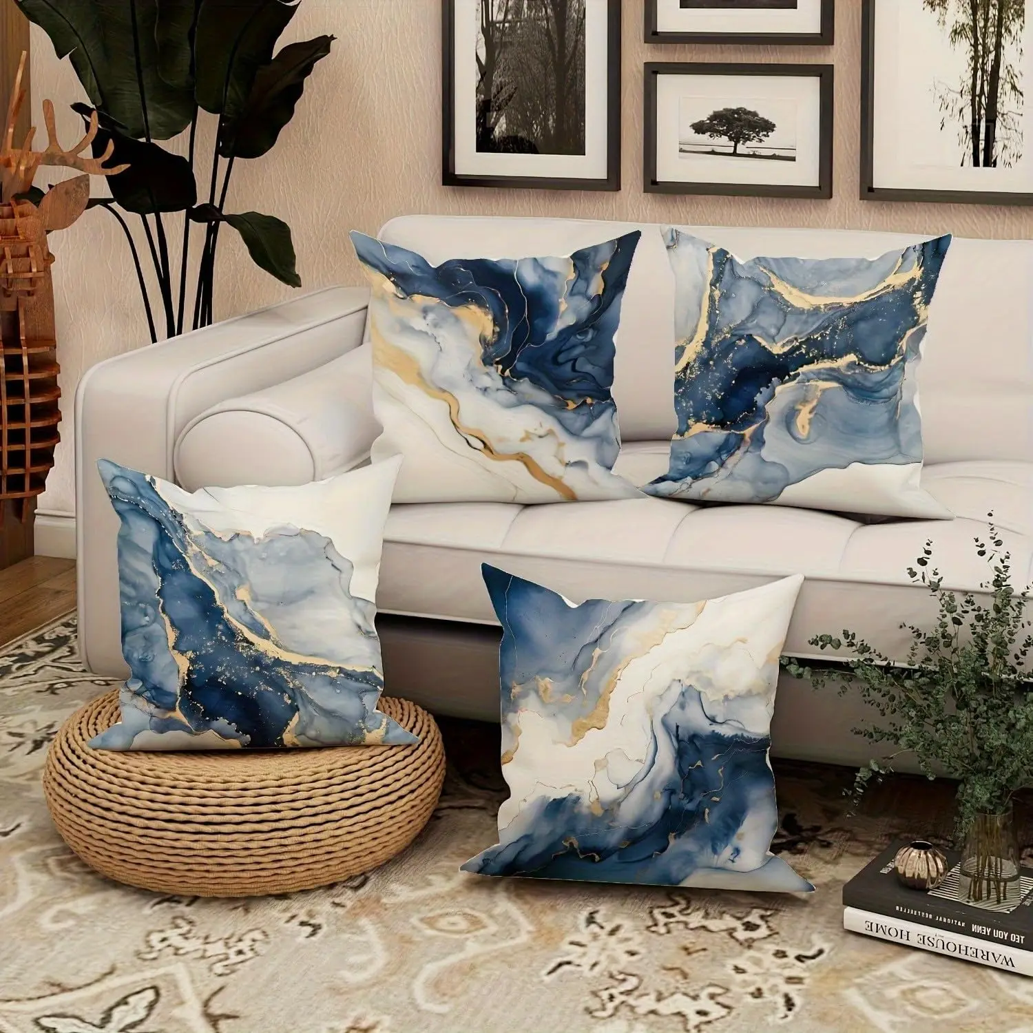 4 Pcs Double Sided Blue Gold Marble Cushion Covers, Luxury Abstract Ink Art Throw Pillow Cases (No Inserts)