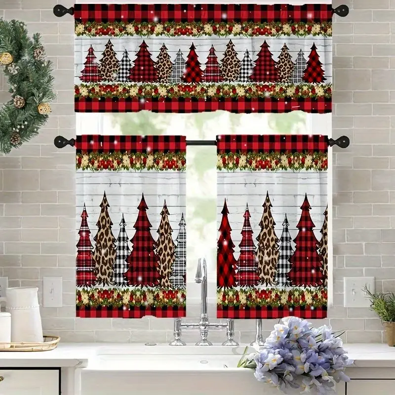 VIKAMA Christmas Kitchen Curtain Red Black Plaid Tree Leopard Print Holiday Decoration Cafe Curtain Short Window Curtain Rod