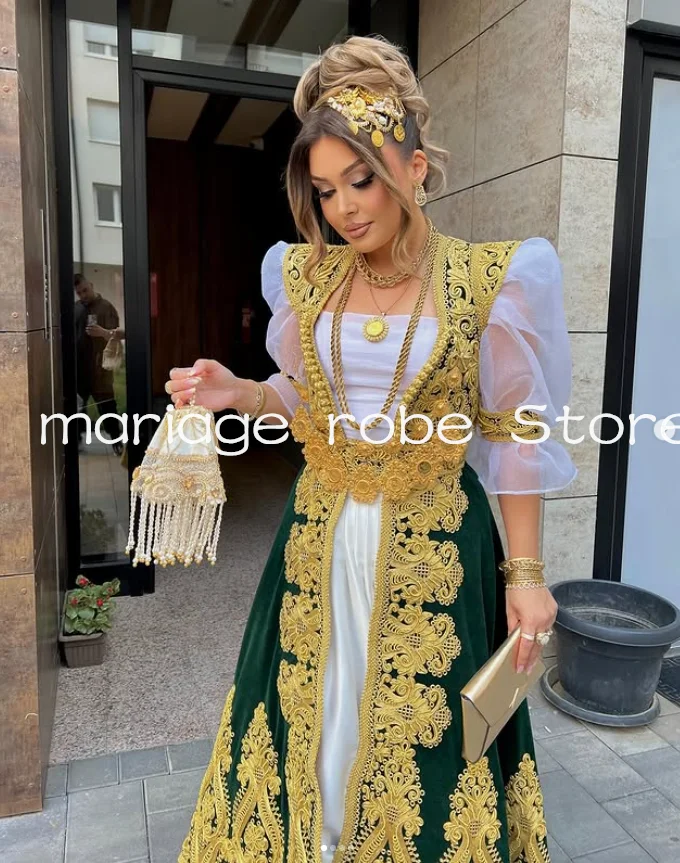 

Зеленый бархат, традиционное Косово, албанское вечернее платье с золотой аппликацией, платье для выпускного вечера на заказ