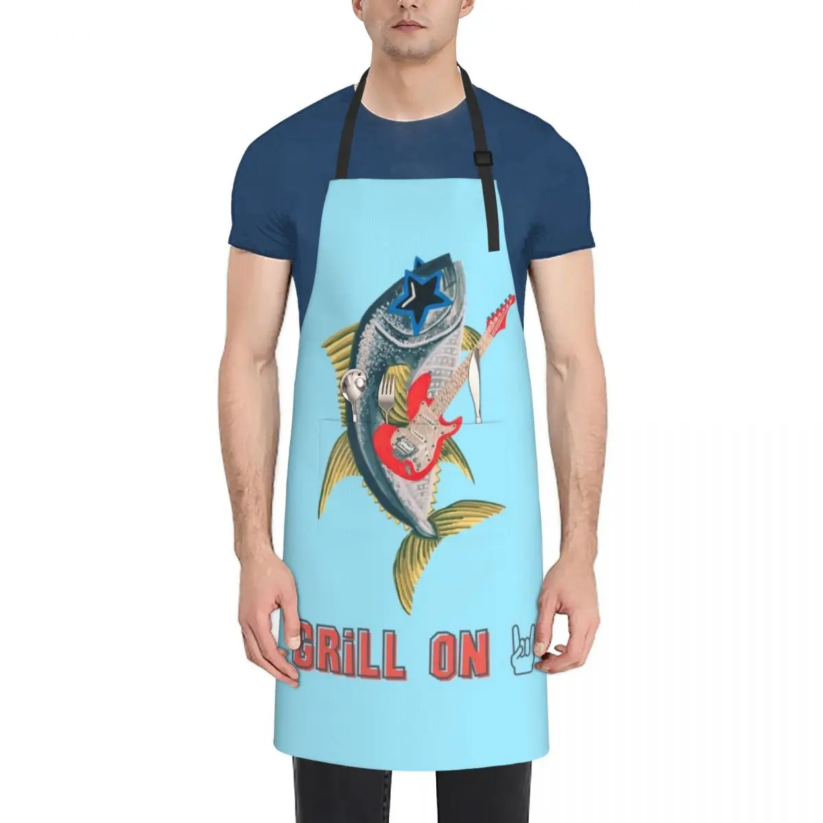 

Grill On Tuna fish with guitar Apron Kitchens For Men Children'S cookings for women Kitchen Front Apron