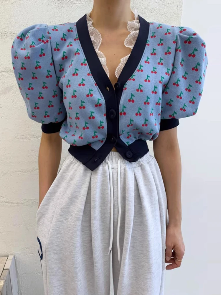 

Chic Summer Country Sle Ruffle V-ne Color Blo Bubble Sve ort Knitted Open Cardigan Top Korean Sle Slim Fit