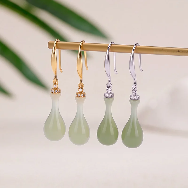 S925 Silver Natural Hetian Jade Vase National Style Ear Hooks And Earrings
