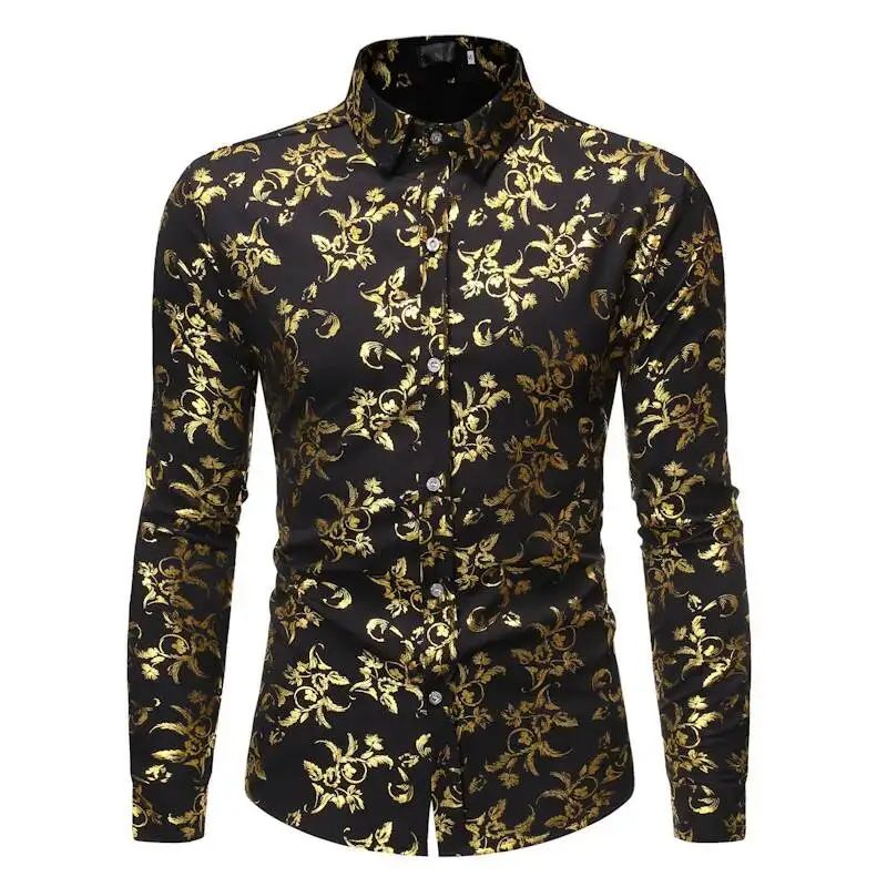 

Shirt Trendy Sleeve European Long Men's Basic Hot Gold Flower Shirt Zt-cs79