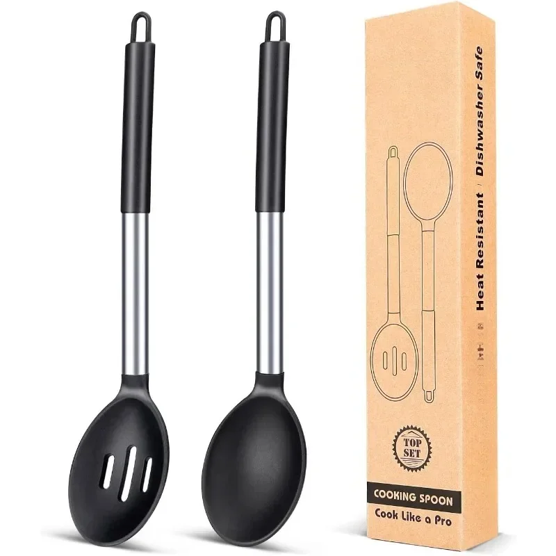 Pack of 2 Large Silicone Cooking Spoons,Non Stick Solid Basting Spoon,Heat-Resistant Kitchen Utensils for Mixing,Serving