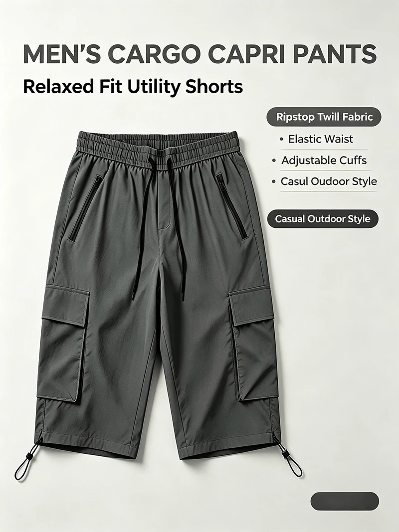 Herren Sommer Cargo Caprihose mit Reißverschlusstaschen, regulärer Passform, elastischem Bund, Kordelzug am Saum, für Freizeit, Outdoor, Wandern, Reisen und Alltag. – Detail 1