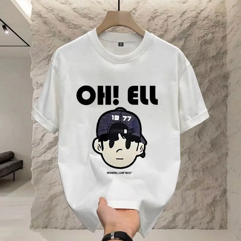 

High-quality Niche Cartoon Letter Printing Fashion Trend Cotton Versatile Ventilate Round Neck Men's Short Sleeved Summer 2024