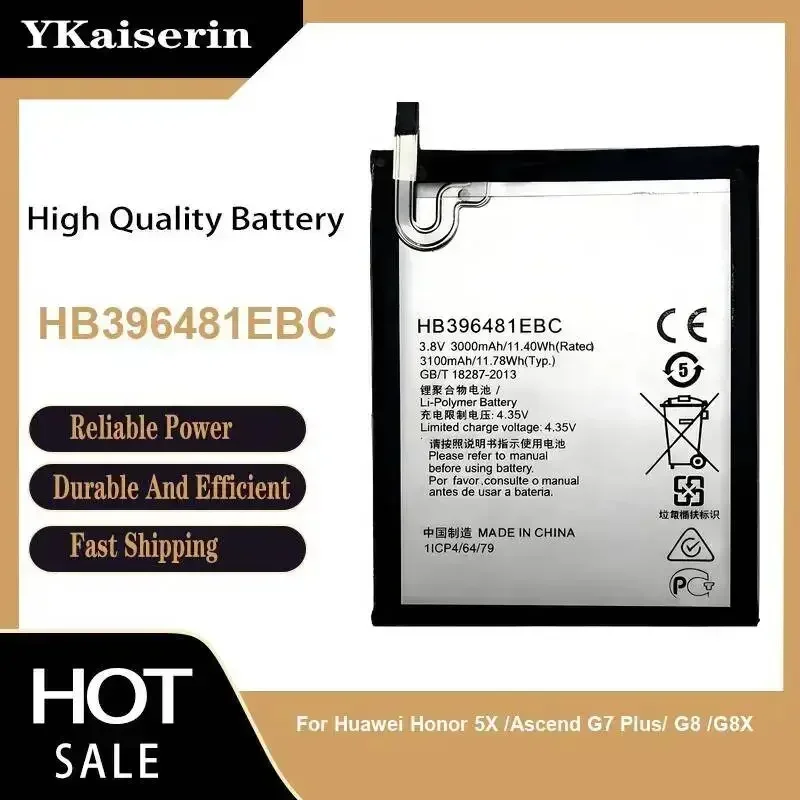 Batería de teléfono móvil con fuente de alimentación estable, 3100mAh, HB396481EBC, para Huawei Honor 5X Ascend G7 Plus G8 G8X