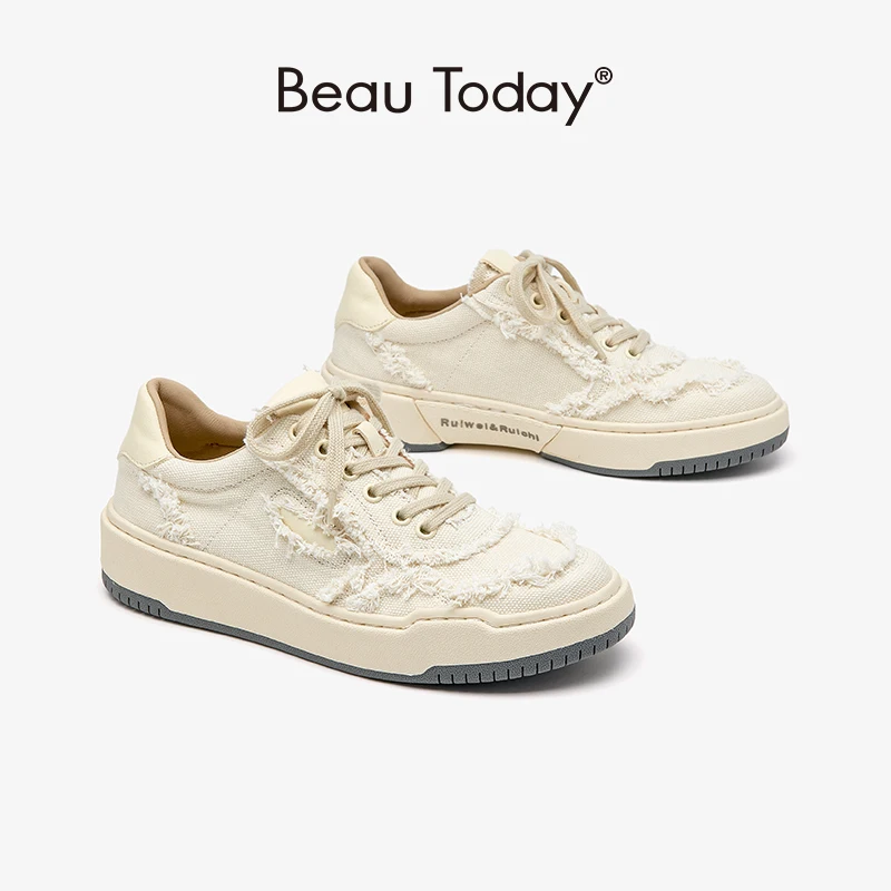 

BeauToday Board Shoes Women Canvas Denim Rag Solid Color Rond Toe Lace-up Flats Female Spring Leisure Sneakers Handmade 29229