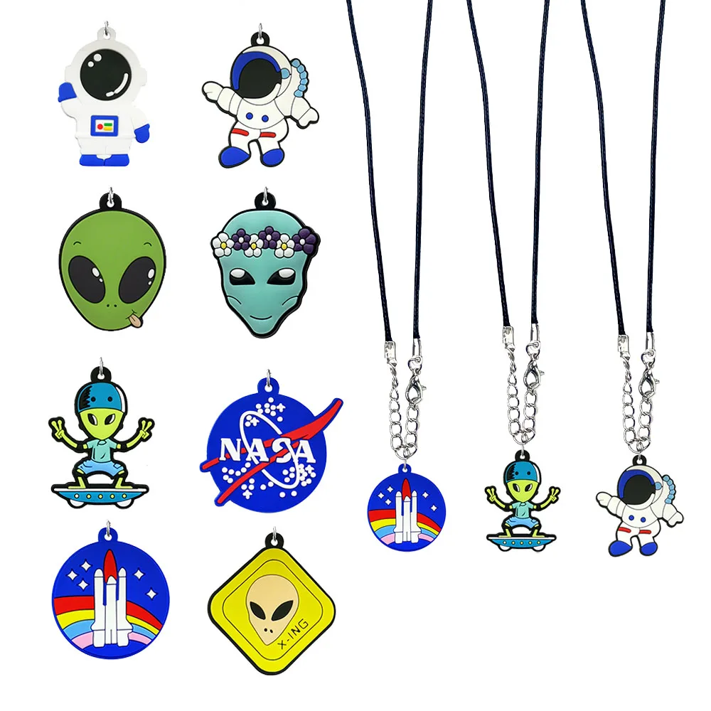 1/8pcs Space Style PVC Necklace Cute Alien Spaceman Astronaut Universe Pendant Necklace Rocket Spaceship Chains Necklace for Men