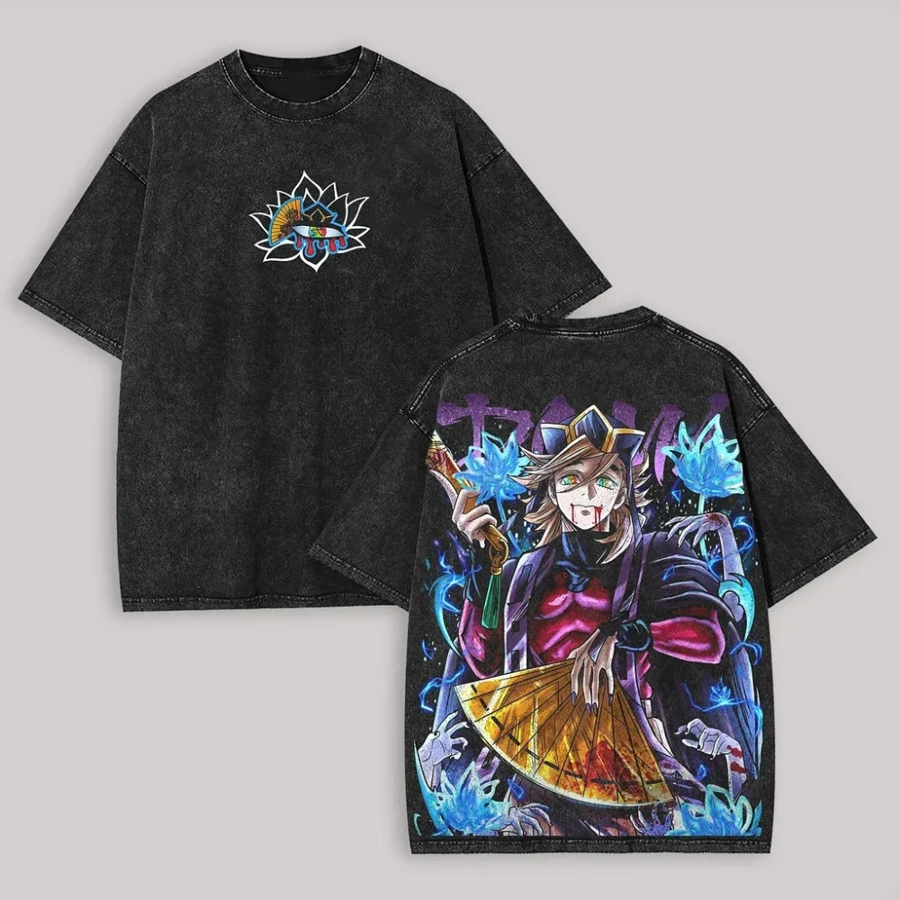 Demon Slayer Herren- und Damen-T-Shirt im Used-Look, Doma Sommer- und Frühlings-Anime-Shirt, Retro Distressed Persönlichkeits-Kurzarmshirt