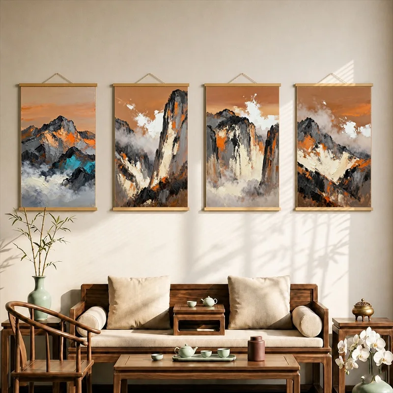 Wall Art Lucky Mountain Gate Above Clouds, Chinese Auspicious Pearlescent Canvas Hanging Scroll with Wooden Rods for Entryway
