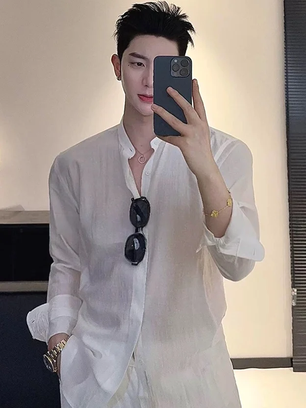 

Pure Cotton Linen Men's irt Slim Fit Long Sve Stand Collar Breathable Casual Workwear irt High End Aosphere Feeling