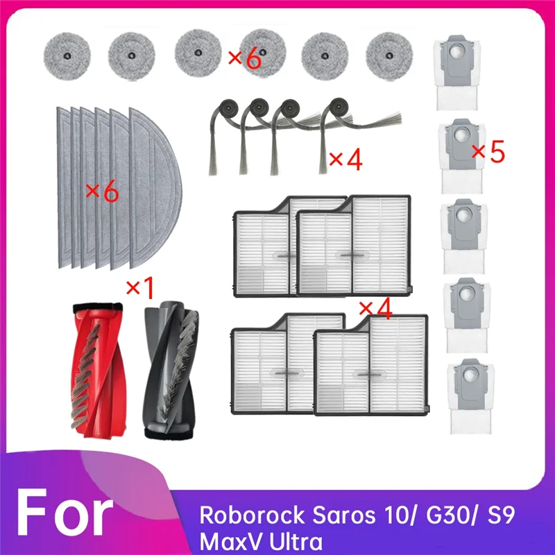 

N83R 27 Pcs For Roborock Saros 10/ G30/ S9 Maxv Ultra Sweeper Accessories Roller Side Brush HEPA Filter Mop Pad Dust Bag