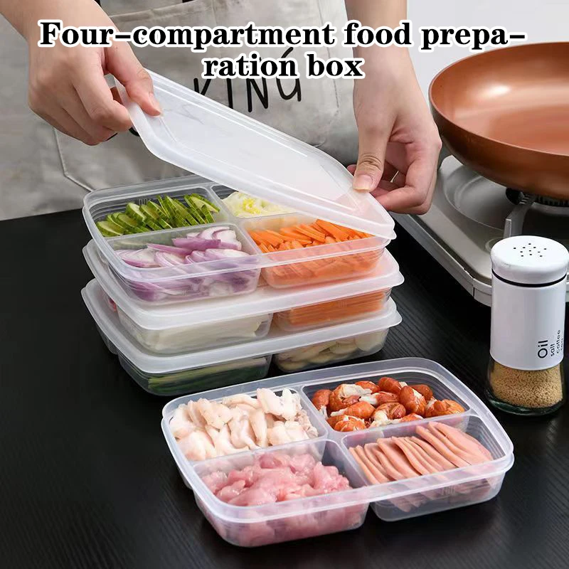 New【4 Grids Plastic Storage Box Portable Compartment Refrigerator Freezer Organizer Clear Food Fruit Sub-Packed Box】