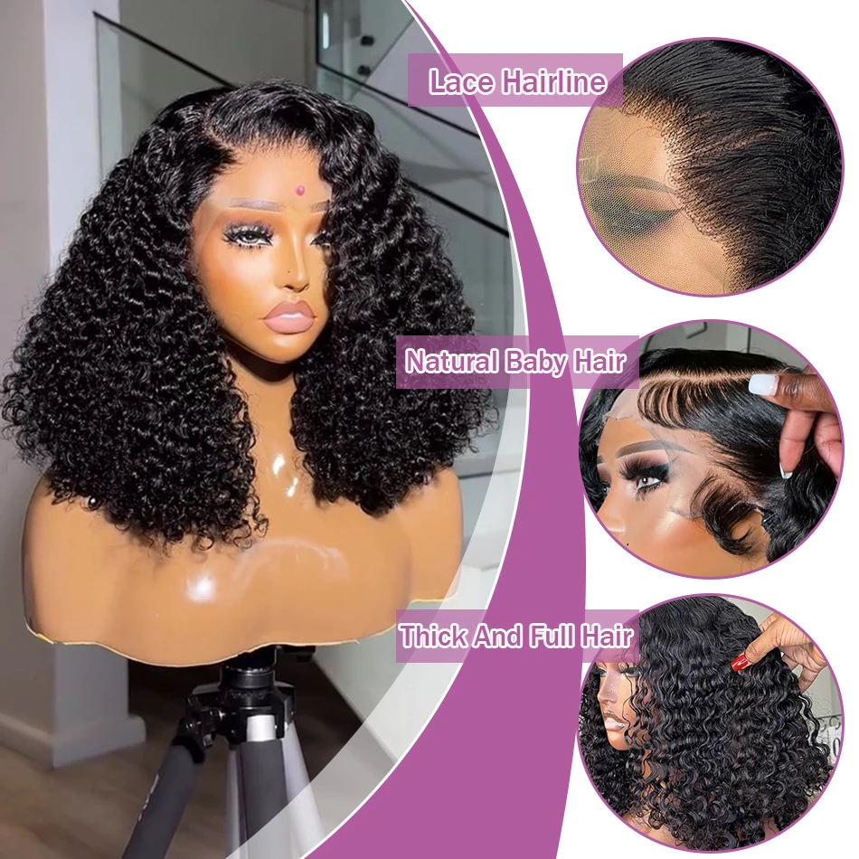 Perruque Bob Lace Frontal Wig naturelle Remy bouclée, cheveux courts, Deep Wave, densité 200, 13x4, pre-plucked, 13x6