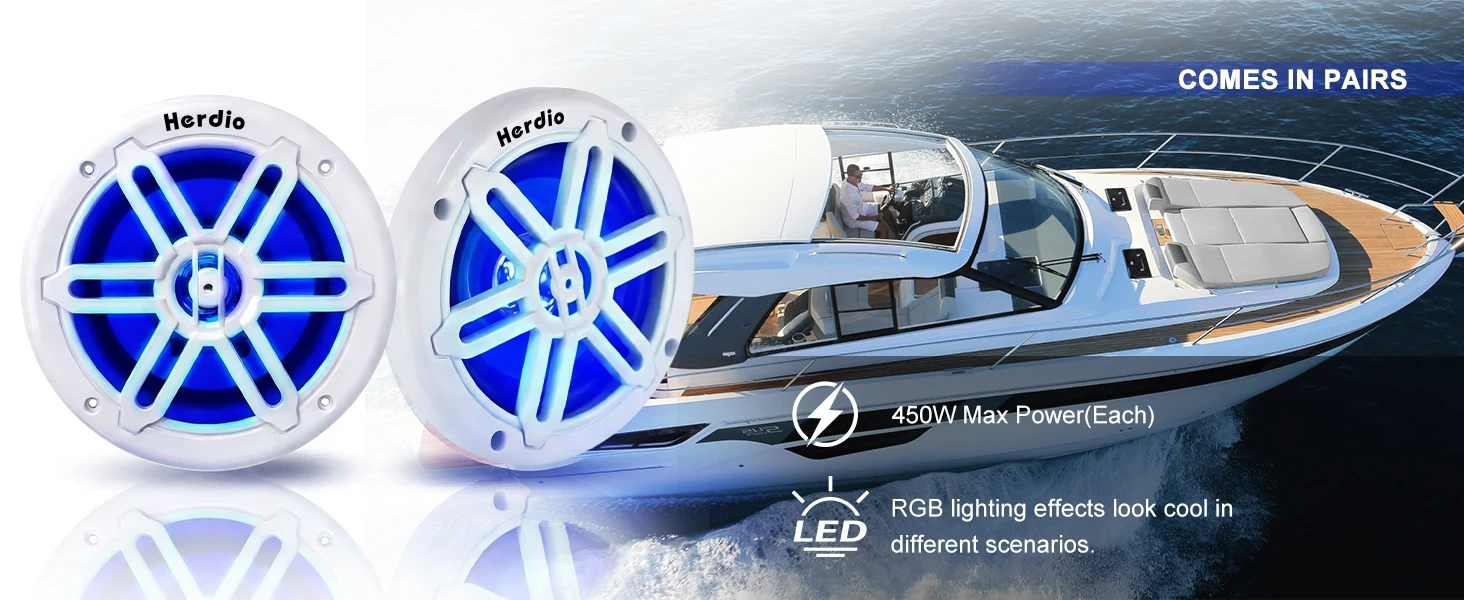 Herdio 8 Zoll Marine-Lautsprecher 450W IP66 Wasserdichter Koaxiallautsprecher mit Blauer LED-Beleuchtung für Boote, ATV UTV mit UV-Beständigem Weiß – Detail 4