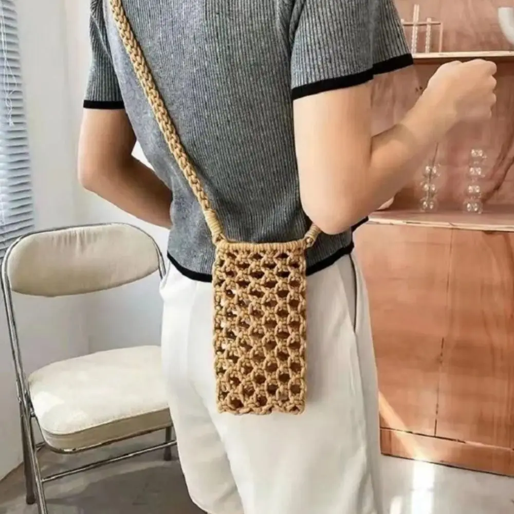 Solid Color Crossbody Phone Bag Hollow-out Woven Lightweight Braided Crossbody Bag Braided Strap Crochet Design Woven Handbag