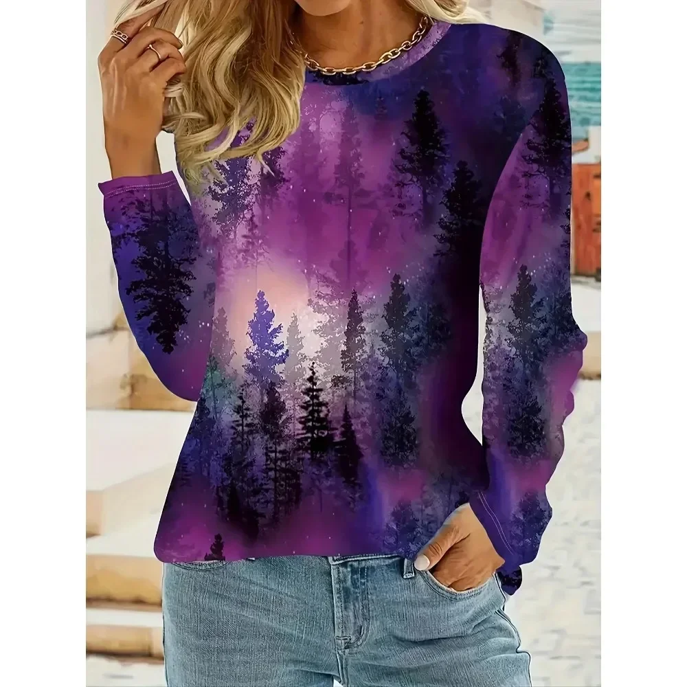 

Плюс размер 1XL-5XL, женская осенне-весенняя модная футболка с длинным рукавом и лесным принтом, женская повседневная футболка с круглым вырезом, осенне-весенняя футболка, топы