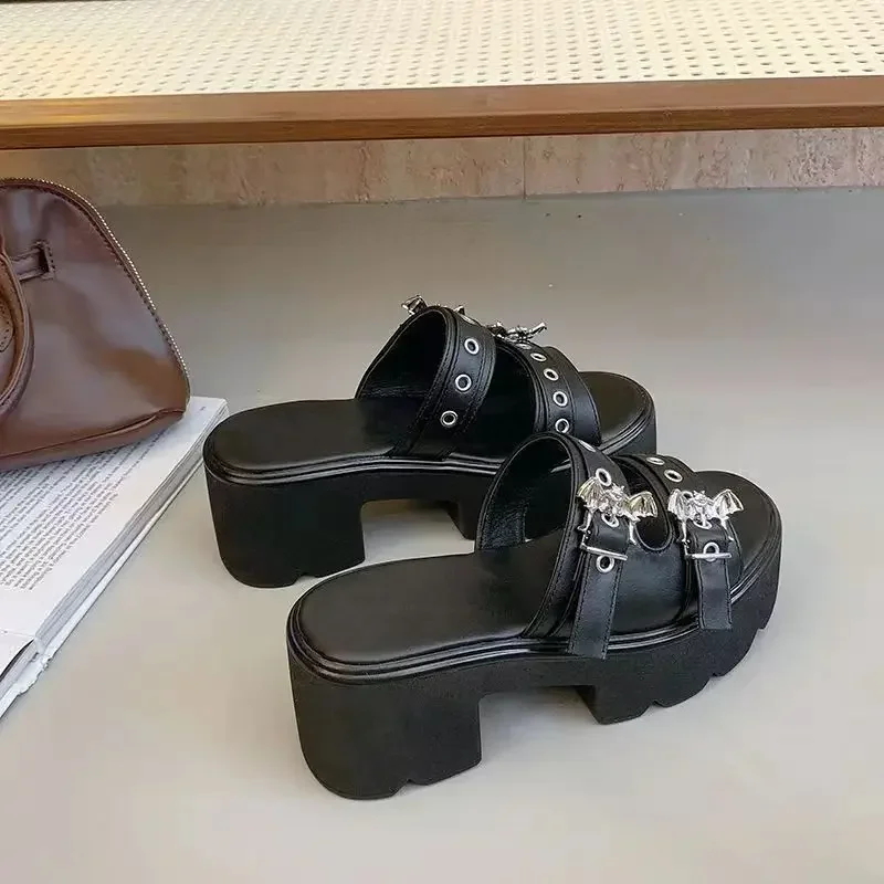 Sandalias sexis de talla oscura 43 para mujer, tacones altos, plataforma antiagua, banco de trabajo de murciélago, fondo grueso, zapatos sin cordones de verano frescos