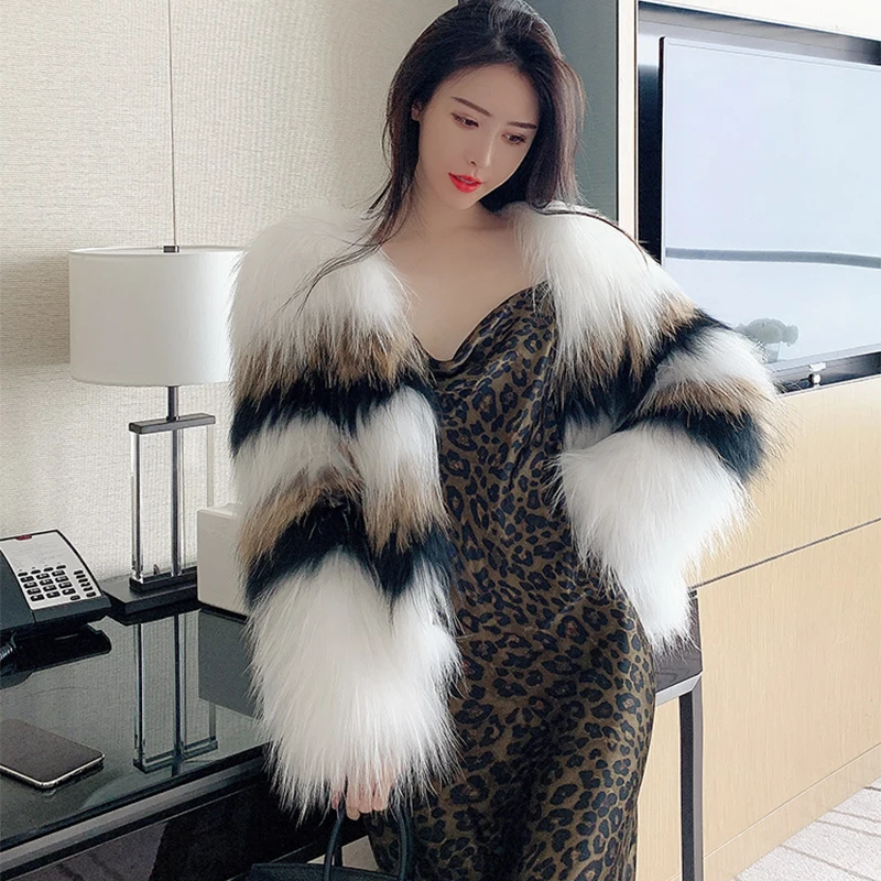 

Winter Coat For Women Warm Natural White Raccoon Dog Fur Short Knitting Contrast Stripes Real Fur Jackets Women's Clothing