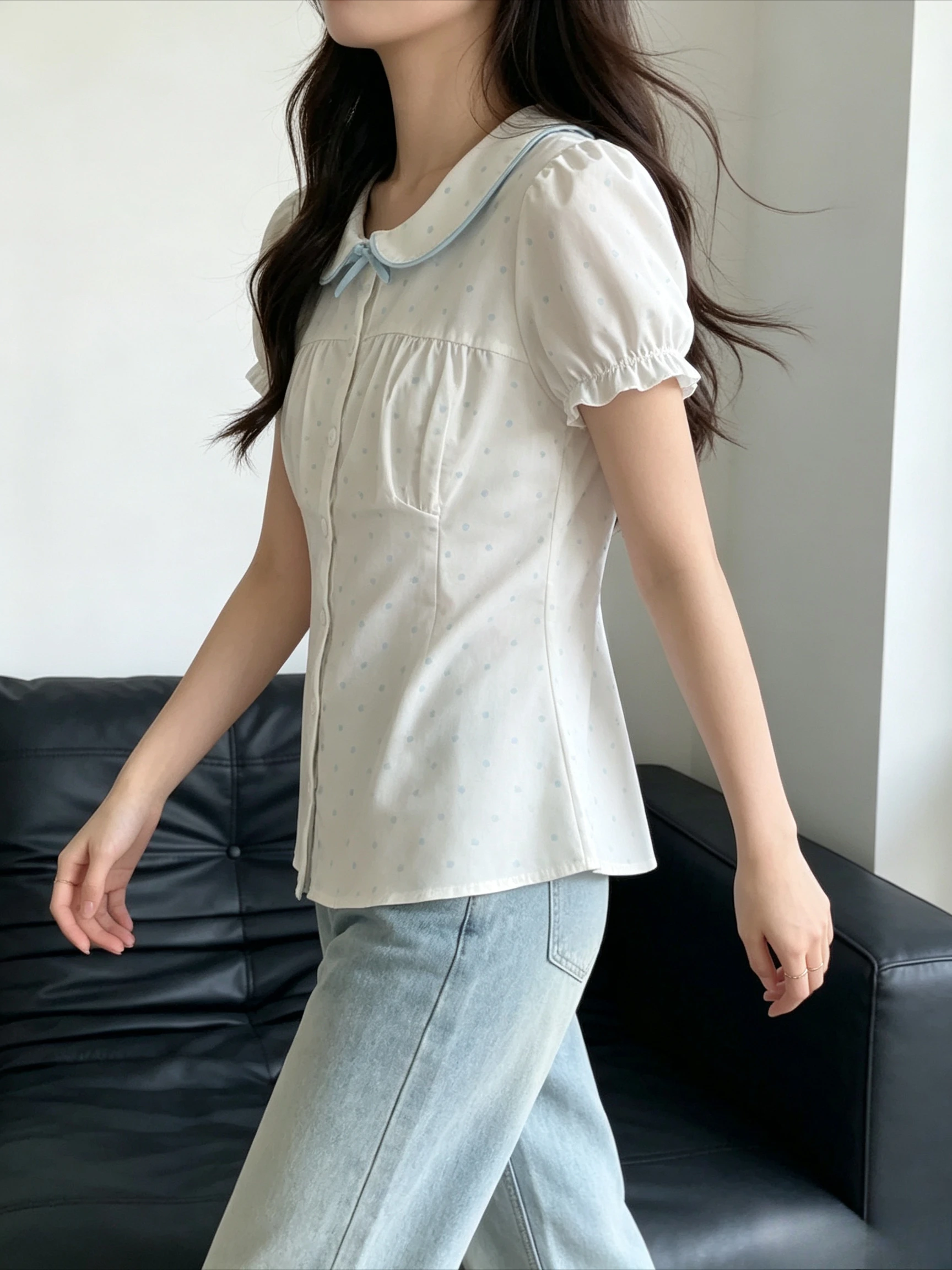 Baby Blue Polka Dot T-shirt - Pure Sexy Sweet Girlish Vibe Baby Doll Collar Puff Sleeves Fitted Waist Age-reducing Short Sleeves