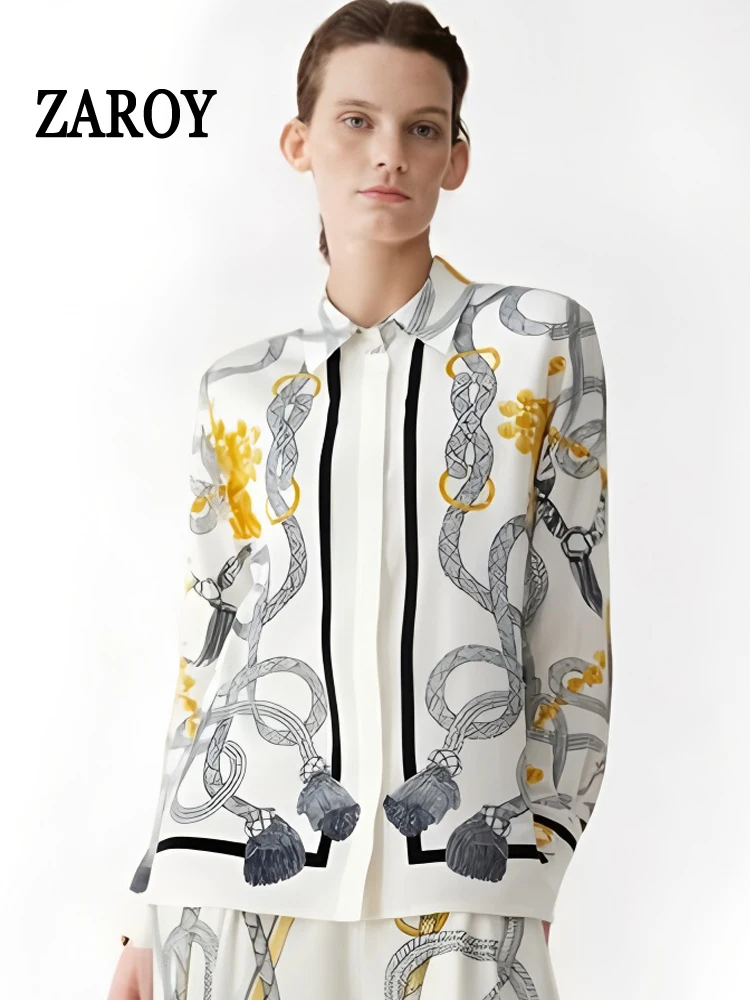 قمصان أحدث قميص نسائي فاخر حصري بأكمام طويلة وطية صدر السترة قميص من الساتان مطبوع عليه أموال قديمة قميص بتصميم علامة تجارية OL بلوزة руба