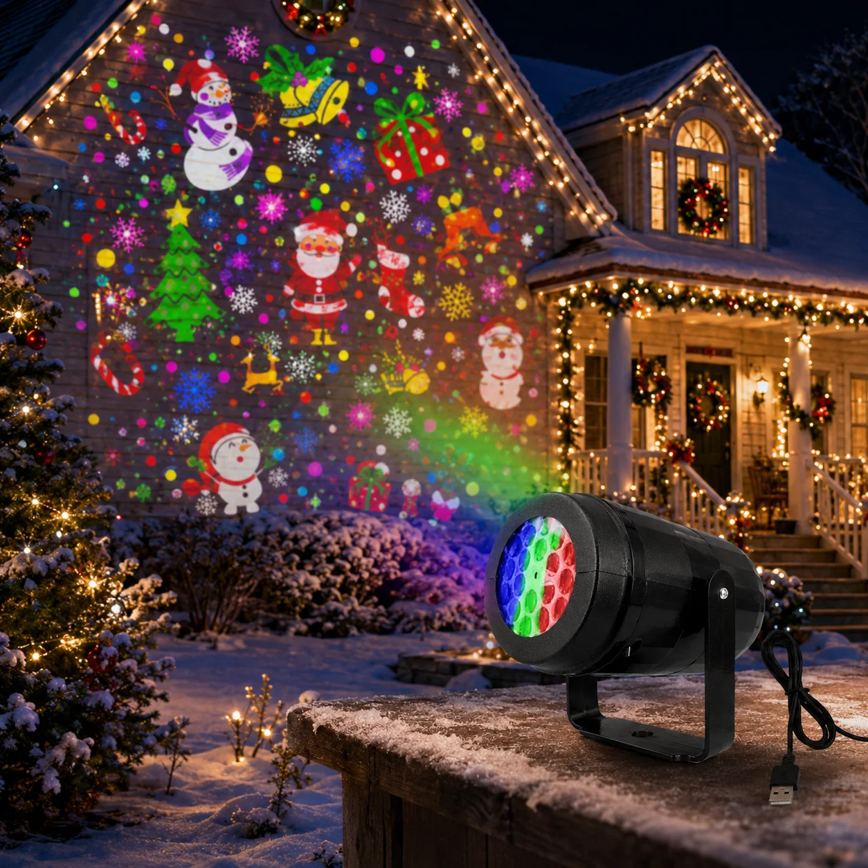 16 Patterns Christmas Projector Light USB LED Snowflake Santa Rotating Stage Lamp Indoor Outdoor Xmas Holiday Party Decoration