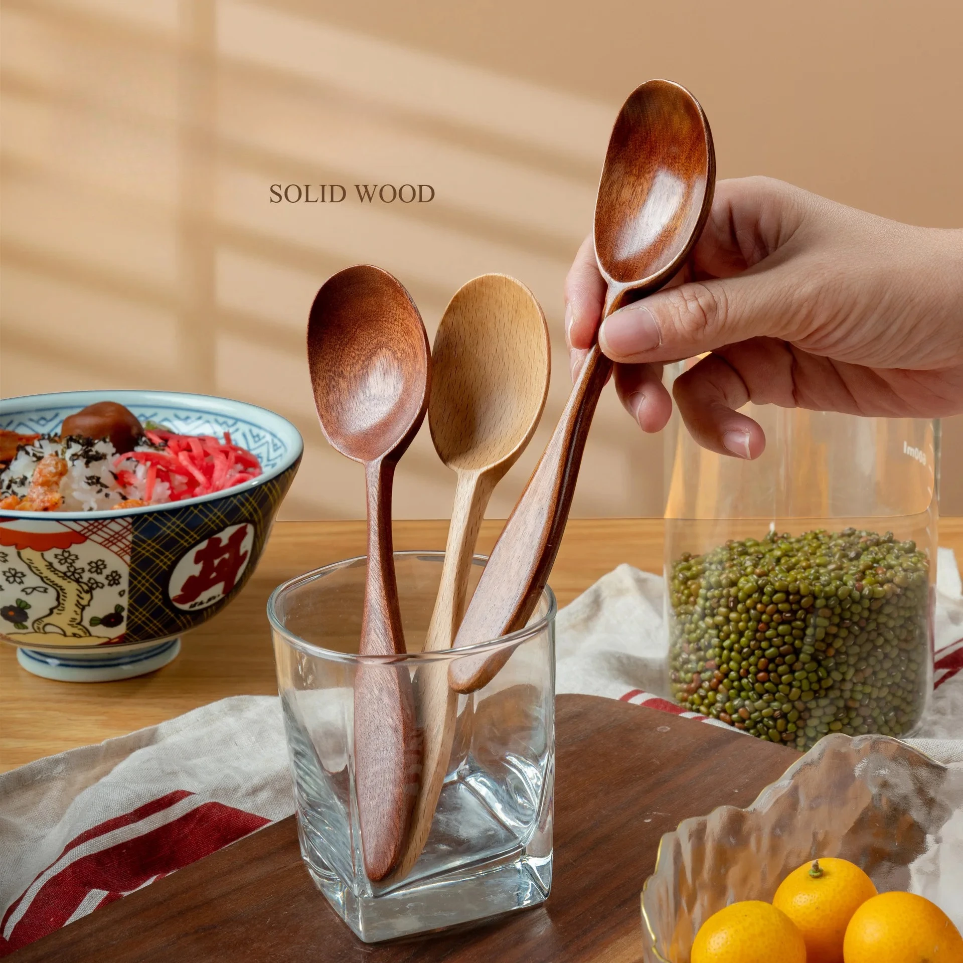 Natural Wooden Rice Spoon and Dessert Spoon Set Eco Friendly Nanmu Wide Handle & Beech Solid Spoon for Cereal Soup Daily