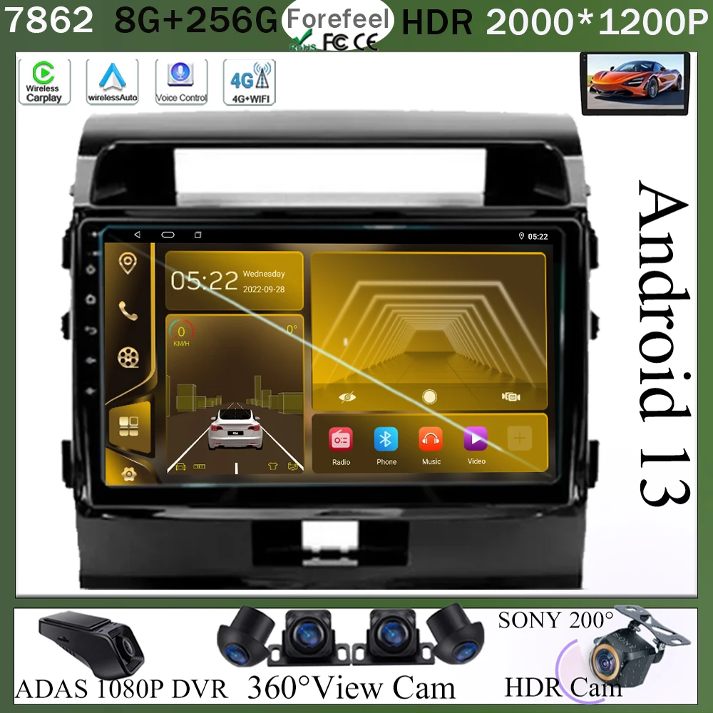 

For Toyota Land Cruiser 11 200 2007 - 2015 Android 13 QLED Screen Stereo Head Unit Car Radio Multimedia Navigation NO 2DIN DVD