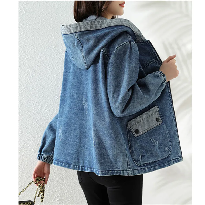 Primavera autunno nuova giacca di Jeans donna con cappuccio Jeans Casual cappotto Splicing mamma di mezza età tasca grande capispalla da Cowboy