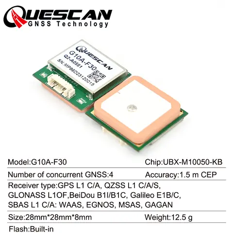 UBX-M10050-KB M10 GPS GLONASS Galileo BeiDou M10 GPS GNSS 모듈(안테나 포함) NMEA0183 수신기 1-25Hz 내장 플래시 G10A-F30