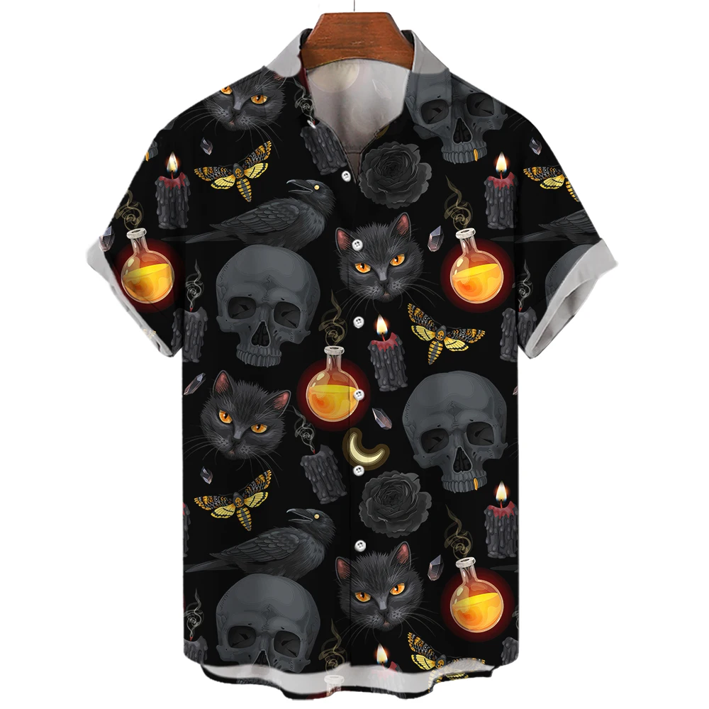 Magic Skull Men\'s Shirts Halloween Pumpkin Bird 3d Cat Print Summer Trendy Cool Fashion Beach Party Tops Short Sleeves Hawaiian