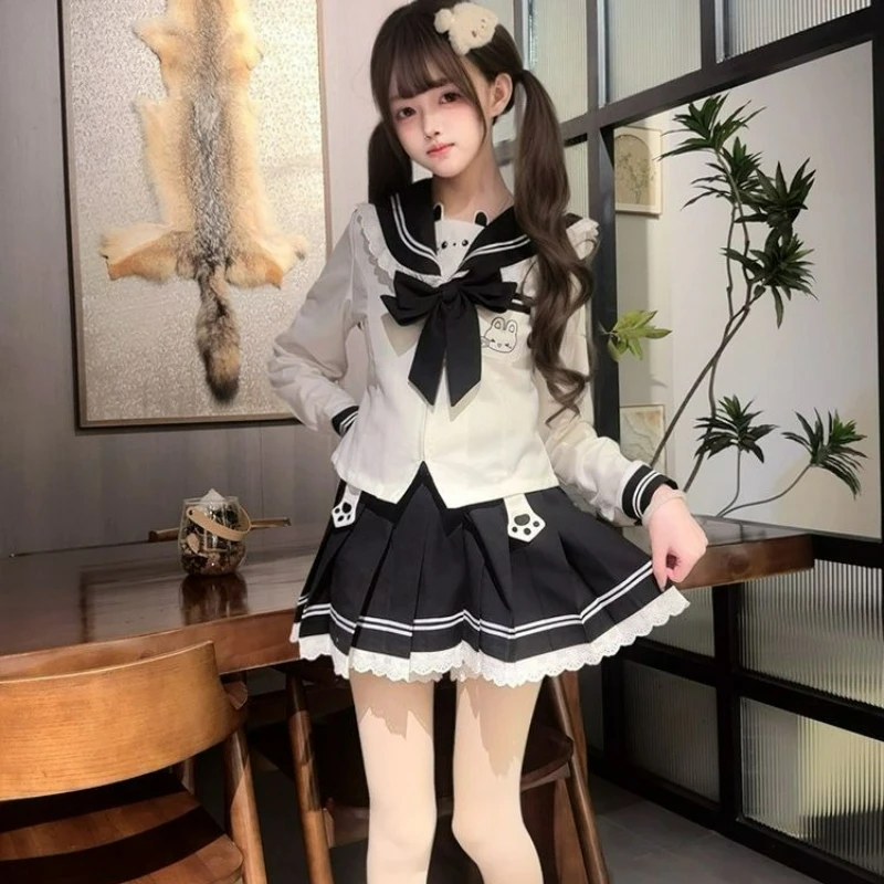 Japanese Sweet Lolita 2 Piece Sets Women Kawaii Cute Print Bow Sailor Collar Tops Lace Ruffles Mini Skirt Y2k JK Uniform Outfits view 5