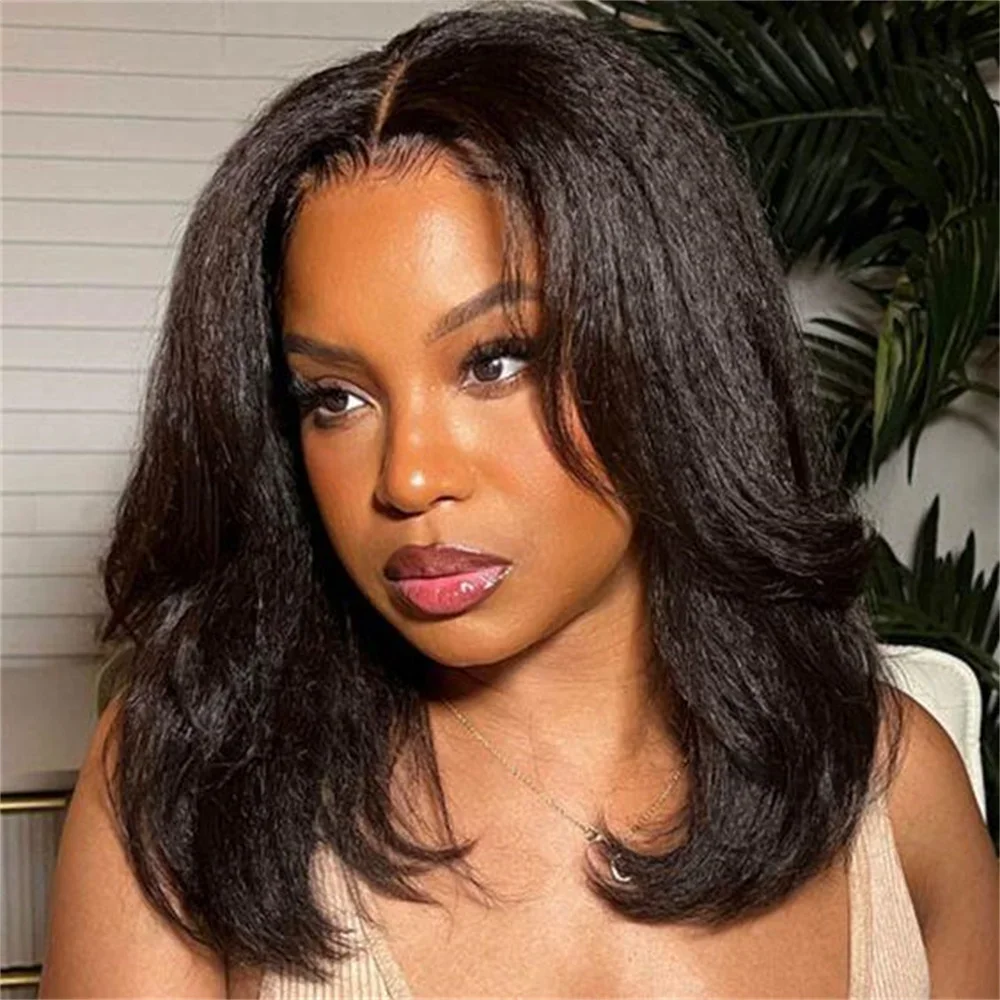 

Soft Long Glueless Yaki Wave Natural Black 30Inch 180Density Kinky Wave Lace Front Wig For Women Synthetic Baby Hair Preplucked