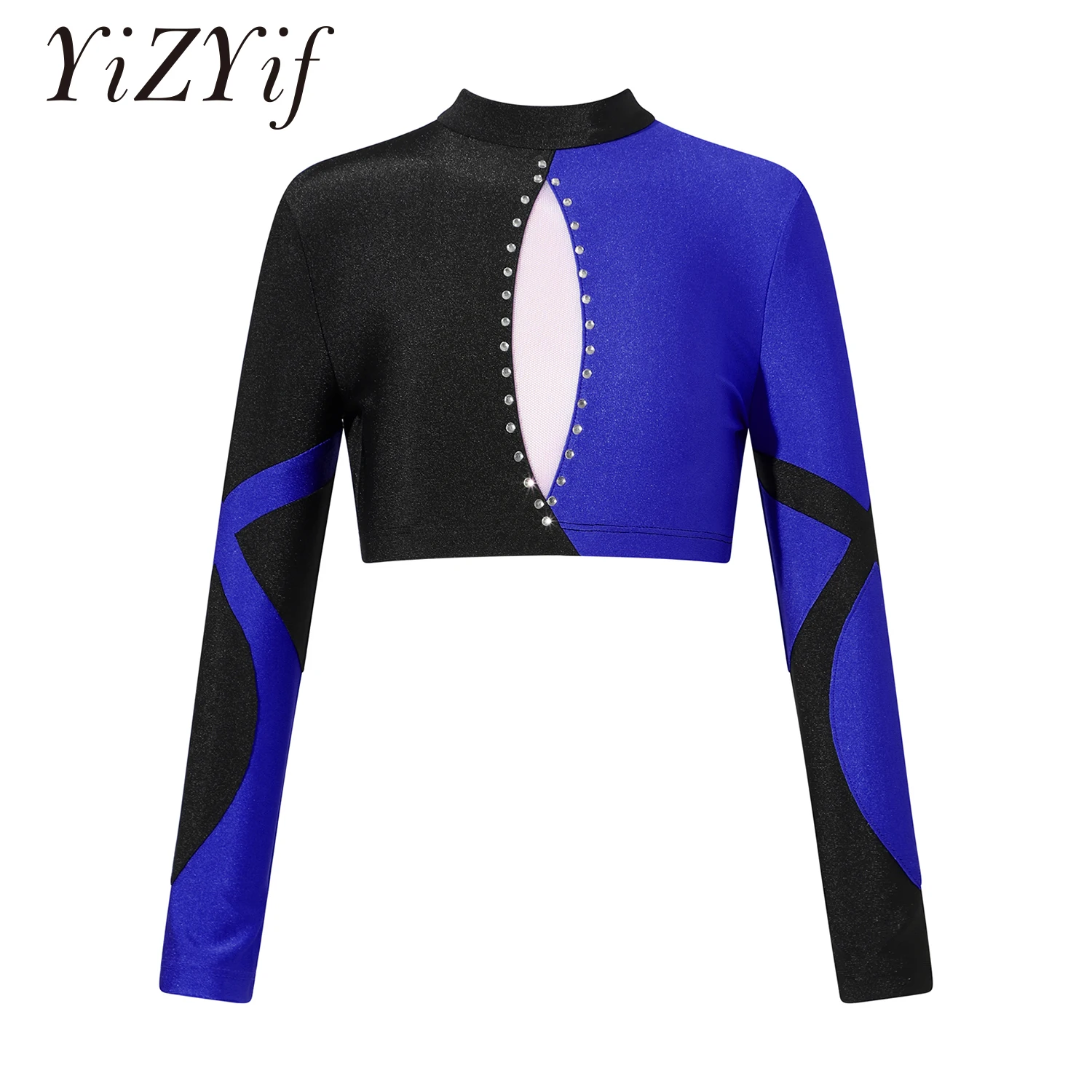 Kids Girls Ballet Dance Crop Tops Shiny Rhinestone Long Sleeve Gymnastics Yoga Sport Workout T-shirts Top Performance Costume