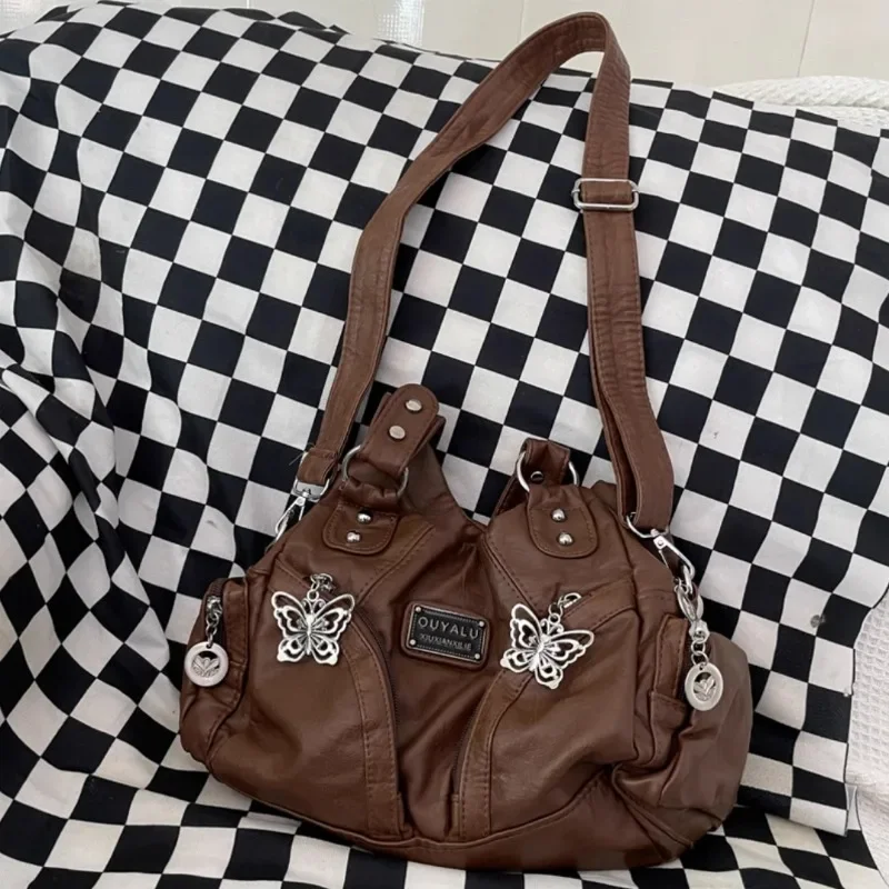 MBTI bolso de hombro marrón Y2k para mujer, bolso de mano Vintage de cuero Pu suave, bolso gótico, bolso de mano Punk, bolso informal de gran