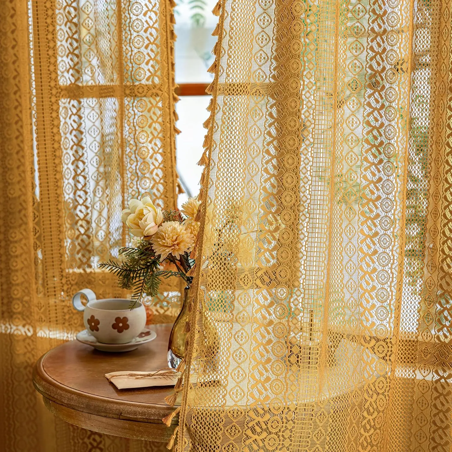 2 Panels Curtains Vintage Living Room Curtains Rod Pocket Boho Lace Curtains Home Decoration Drapes 59 Inch Width for Bedroom