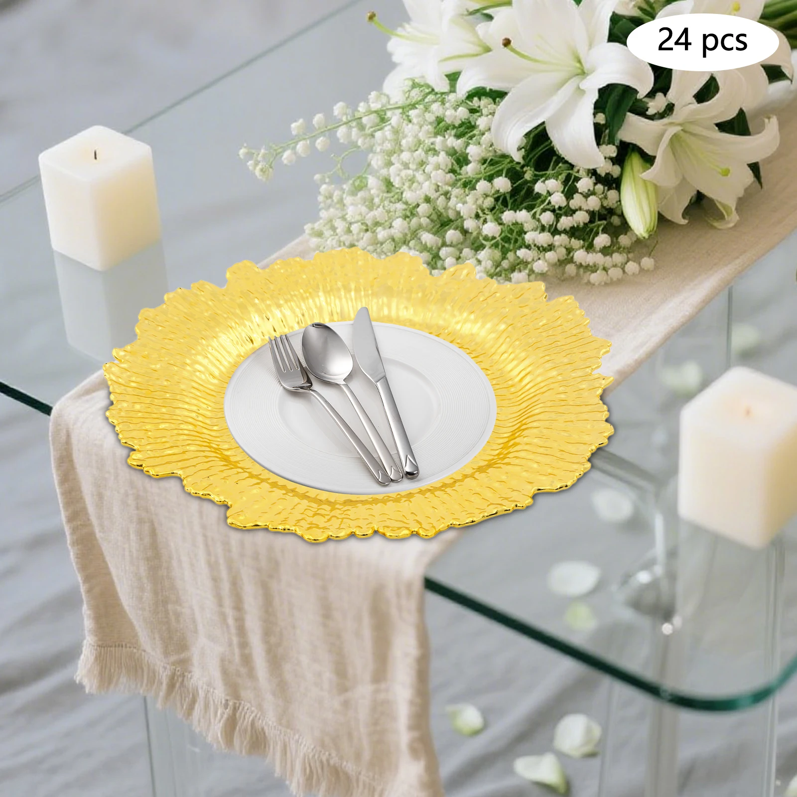 

Gold 24PCS Charger Plates 13 inch Charger Plates PP Round Plastic Reef Plate Chargers for Dinner Plates Weddings Parties