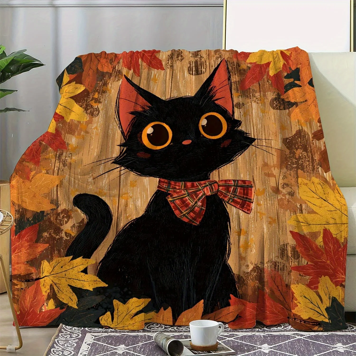 Vintage Black Cat & Autumn Leaves Print Flannel Blanket Throw with Plush Texture, Cozy Home Decor for Sofa, Bed, Car, Office