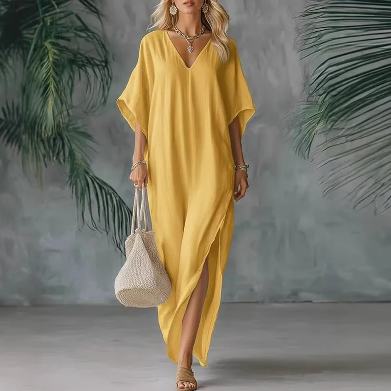 

New Summer Maxi Dresses For Women Casual V Neck Half Sleeve Loose Beach Holiday Dress Women Solid Split Up Party Long Dress