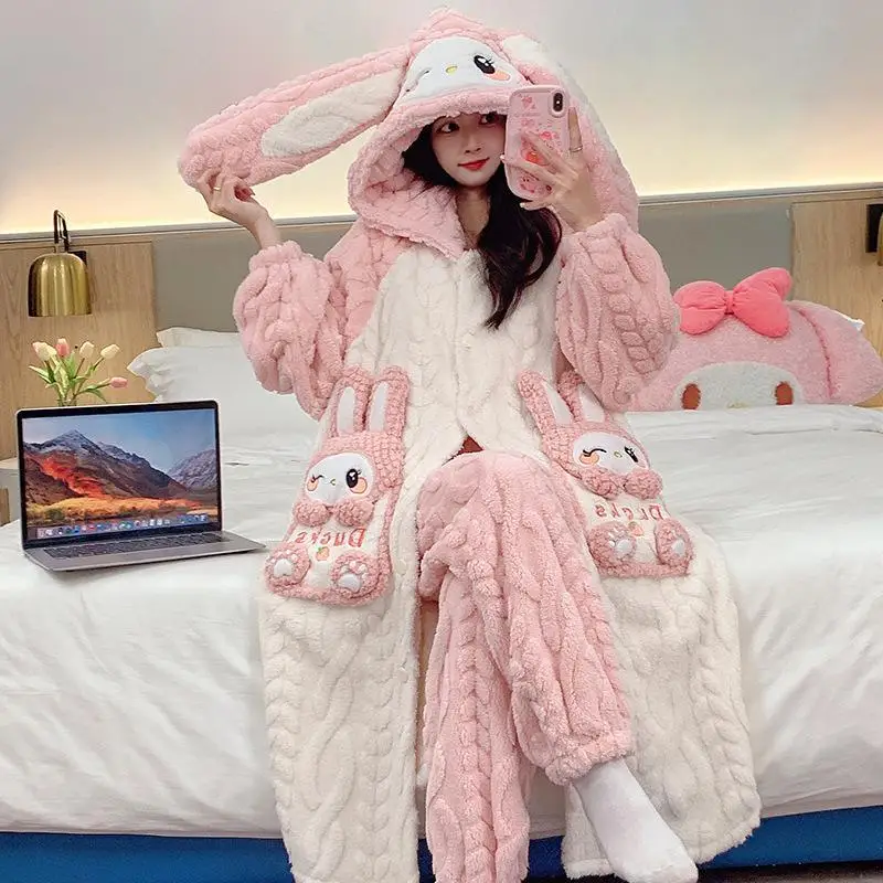 Sanrio Girl Coral Fleece Thickening Hooded Robe Suit Winter Kawaii My Melody Comic Student Keep Warm Pajamas Home Clothes Kit