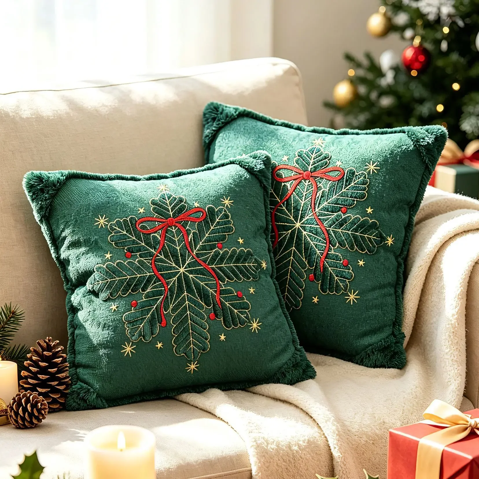 Christmas Green Throw Pillow Cover Cojines Embroidered Snow Bells Bows Sofa Decoration Cushion Cover Headboard Pillowcases