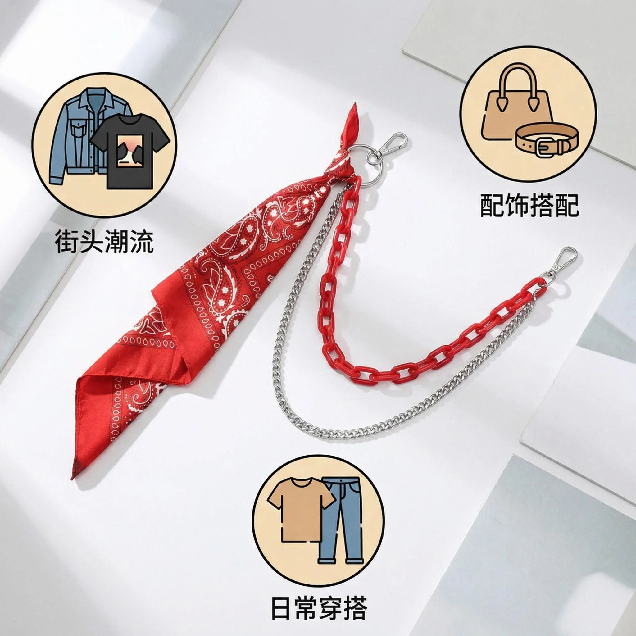 Hip hop pants scarf, cashew flower square scarf, street pants chain, waist scarf, ribbon hanging pants decoration
