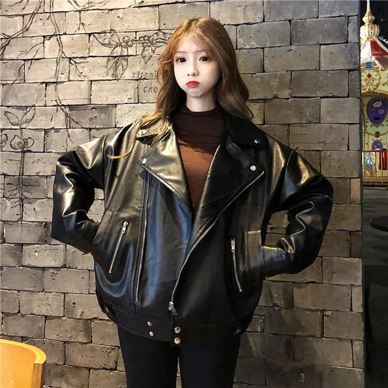 Basic Jackets Women Spring Autumn Korean Style Loose Biker Turn-down Collar All-match Pu Leather Fashion Casual Female Outwear