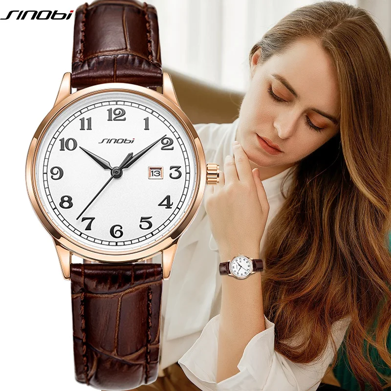 SINOBI Top Luxury Women\'s Watches Original Design Fashion Ladies Quartz Wristwatches Leather Strap Female Gifts Clock Zegarek